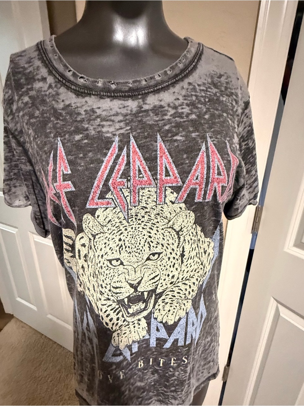 Recycled Karma Gray Def Leppard Graphic Tee with Yellow Leopard & Pink Logo